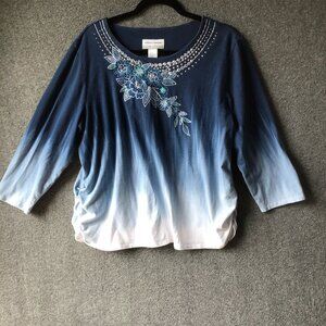 Alfred Dunner Blue Ombre Embellished Round Neck Shirt Top Blouse Sz PXL